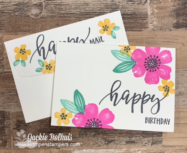 This DIY notecard happy mail starts with stamped florals in bright colors.