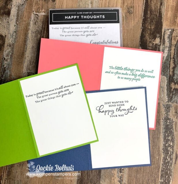 The Stampin' Up! Happy Thoughts stamp set is perfect for the inside of these awesome handmade cards