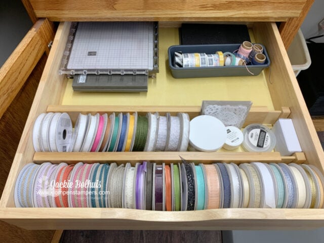 I LOVE my new ribbon storage. I can quickly see all the colors I have available to work with.