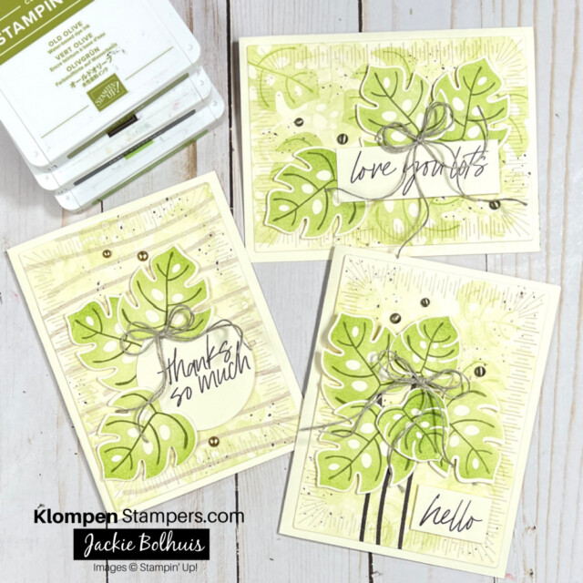 3 cards made using different colors of green ink pads and the tropical leaf stamp set.