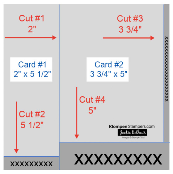 cutting diagram to cut a 6"x6" piece of Stampin' Up! Designer Series Paper (DSP) to make 2 Designer Series Paper cards