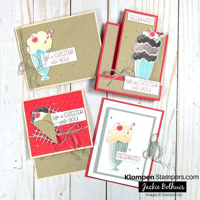 four different fun fold cards made during volume 12 of the fun fold templates class series.  These cards feature the share a milkshake stamp set from Stampin' Up

