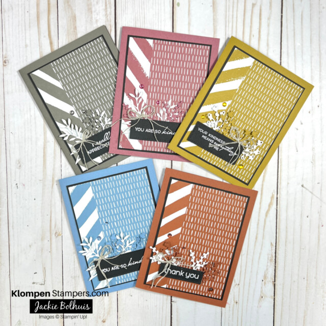 5 cards laying on table made using the Stampin' Up! Timeless Arrangements coordinating stamps and dies. Each card is designed using a new In Color.