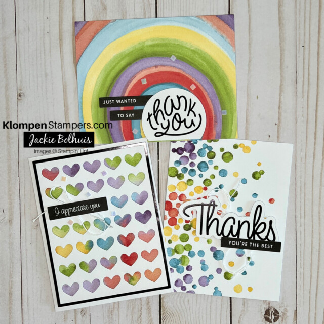 3 different handmade thank you cards lying on a table. Each card was create by using the Saying Thanks card kit. Each card is very bright, colorful, and cheerful.