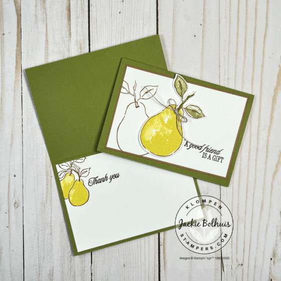 Handmade card using Stampin’ Up! note cards and envelopes, featuring the Perfectly Pears stamp set with a large pear image and finished with a linen thread bow.