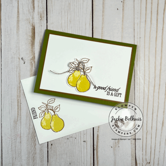 Close-up of a stamped card with a bold pear from Stampin’ Up!’s Perfectly Pears set, accented with a simple linen thread bow on a note card.