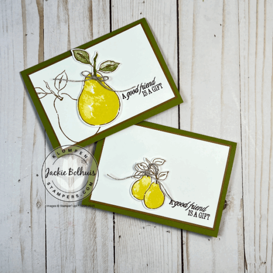 Two handmade cards featured in our “Start With a SIP” video tutorial, created with Stampin’ Up! note cards and envelopes, showcasing the Perfectly Pears large pear stamp and finished with linen thread bows.