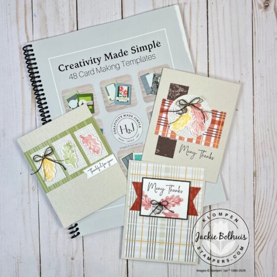 Three handmade fall cards displayed alongside the Creativity Made Simple Card Making Templates book, showing how easy it is to create beautiful designs with simple card making templates.
