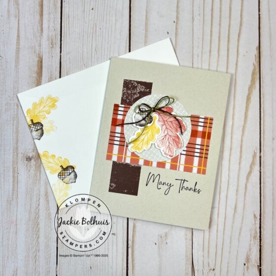Handmade fall card featuring autumn leaves and warm colors, created with Stampin’ Up!® stamps and patterned paper.