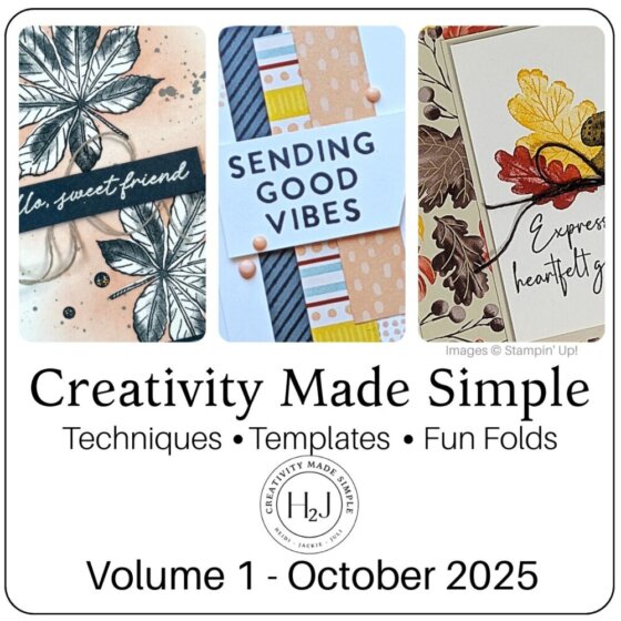 Promotional graphic for Creativity Made Simple: Techniques, Templates & Fun Folds Volume 1 online cardmaking class.