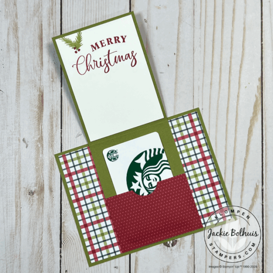 Open fun fold gift card holder template featuring festive Christmas patterns from Traditions of Christmas DSP with a decorative label sentiment created using Stampin’ Up! Traditional Labels dies.