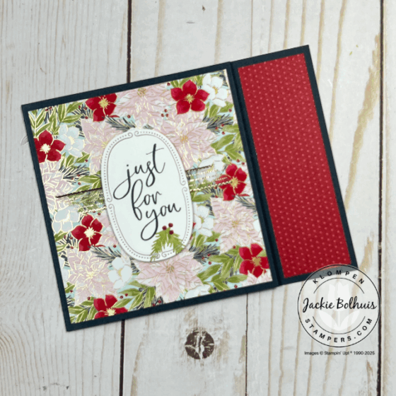 Outside design of handmade gift card holder featuring holiday patterns from Traditions of Christmas DSP and a stamped greeting framed with Traditional Labels dies.