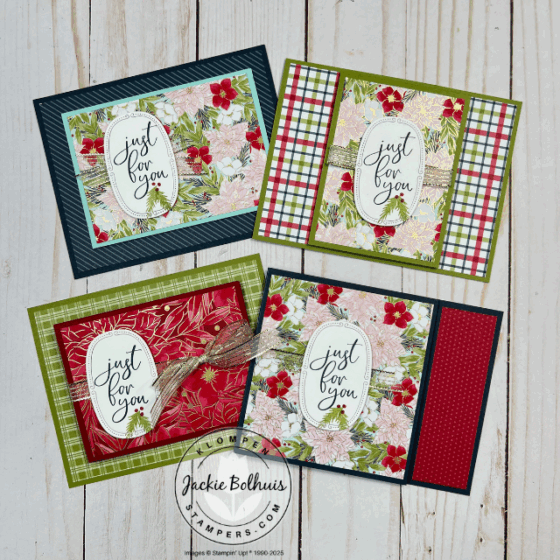 Set of four Christmas fun fold gift card holder fronts displayed together, each featuring festive designs from Traditions of Christmas Designer Series Paper and decorative sentiment labels made with Stampin’ Up! Traditional Labels stamps and dies.
