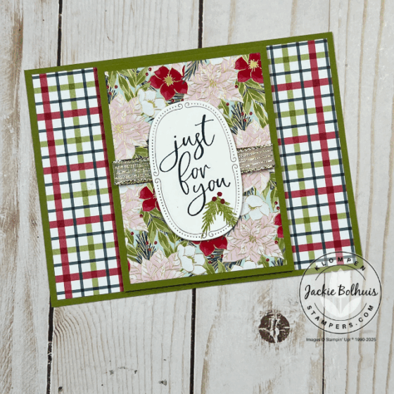 Closed fun fold Christmas gift card holder showcasing rich red and green patterns from Traditions of Christmas Designer Series Paper with a layered label sentiment.