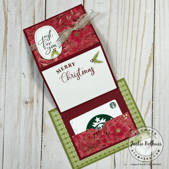 Inside view of a Christmas fun fold gift card holder made with Traditions of Christmas Designer Series Paper and Traditional Labels stamps and dies from Stampin’ Up!, showing the pocket for the gift card.