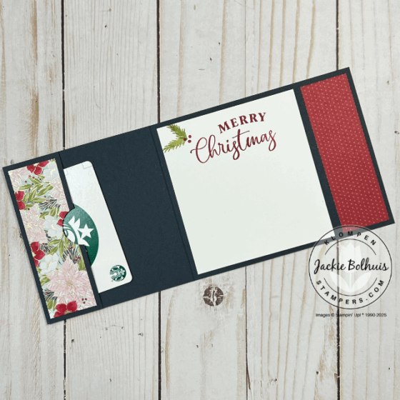 Handmade Christmas gift card holder interior crafted with Traditions of Christmas Designer Series Paper and finished with a stamped label from the Traditional Labels set.