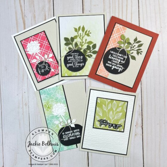 Image of five handmade cards featuring the emboss resist background technique using Stampin’ Up!’s Irresistible DSP and The Right Words stamp set.