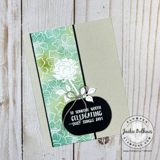 Handmade card showcasing a soft ink-blended background created with the emboss resist technique on Irresistible DSP.